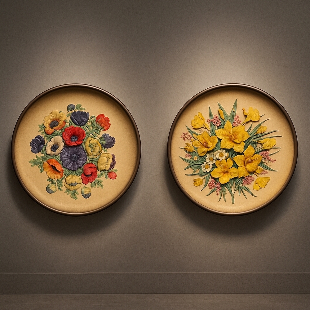 🌿 W.H. BOSSONS England  Set of 2 Large 1959 Hand-Painted Bas-Relief Floral RARE